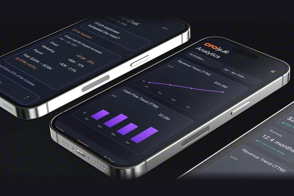 Three phones lying diagonally with analytics, revenue trend and cash flow screens, a still from a fintech launch film