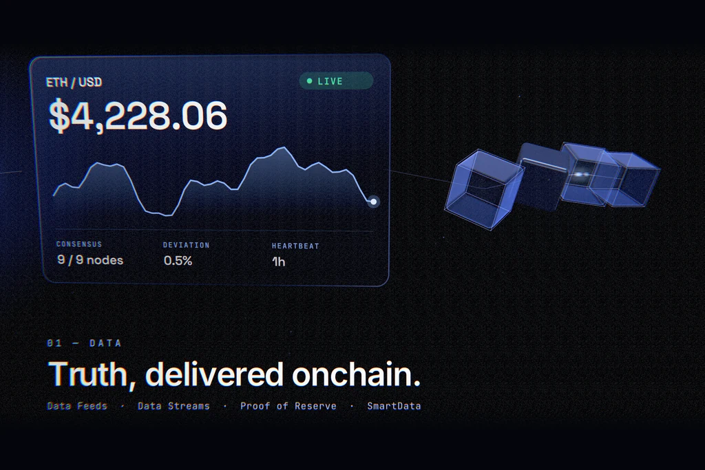 Live ETH/USD price card with a sparkline and the number of nodes behind the price, a still from a blockchain concept film