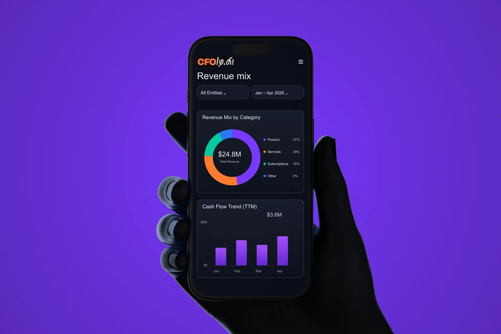 Render of a hand holding a phone with the revenue mix and cash flow charts of an AI CFO app on a violet background