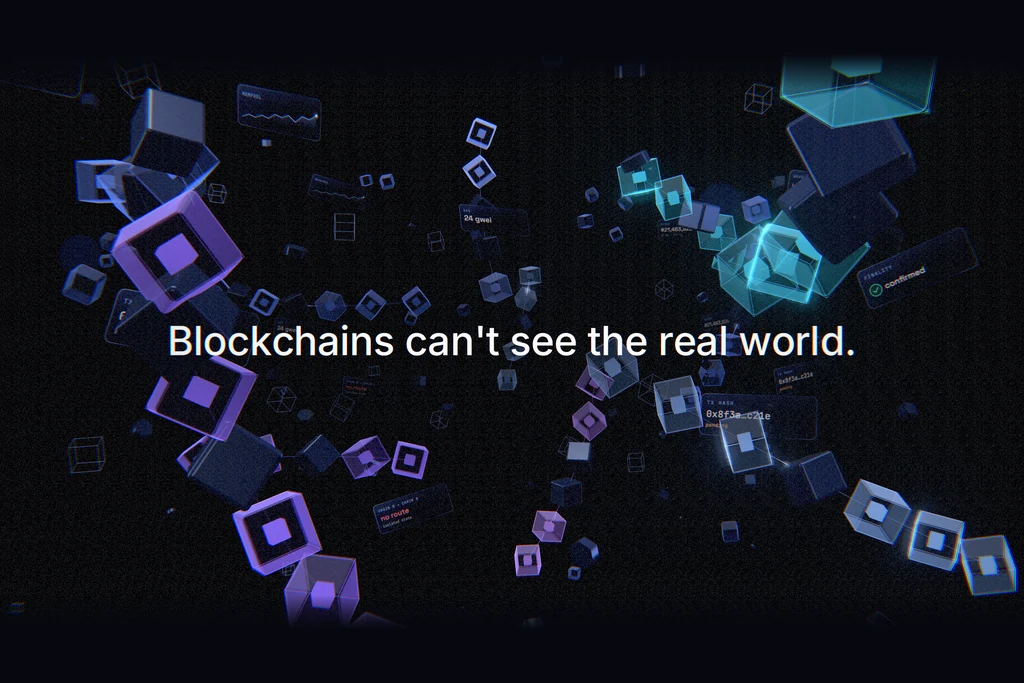 Glass blocks drifting apart next to the line blockchains cannot see the real world, a still from a blockchain concept film