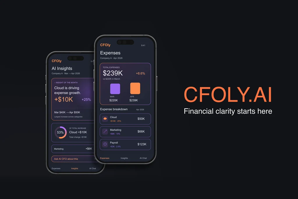 Closing frame of a fintech launch film: two phones with AI insights and expenses next to the app name and the line financial clarity starts here