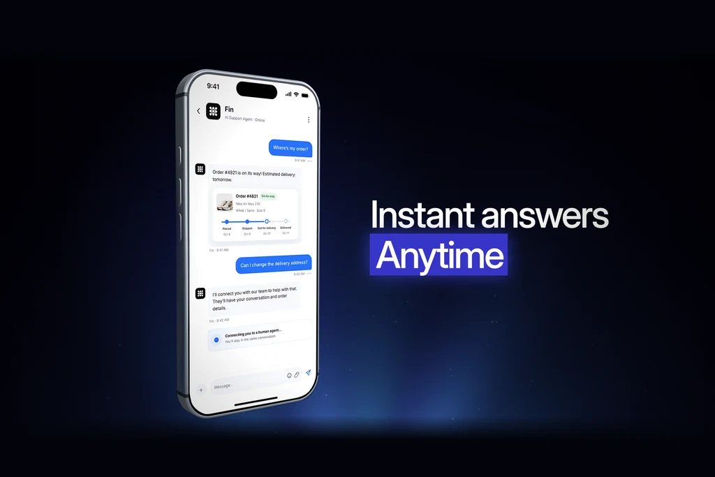 Phone with a support chat next to the line instant answers anytime, a still from a SaaS concept launch film