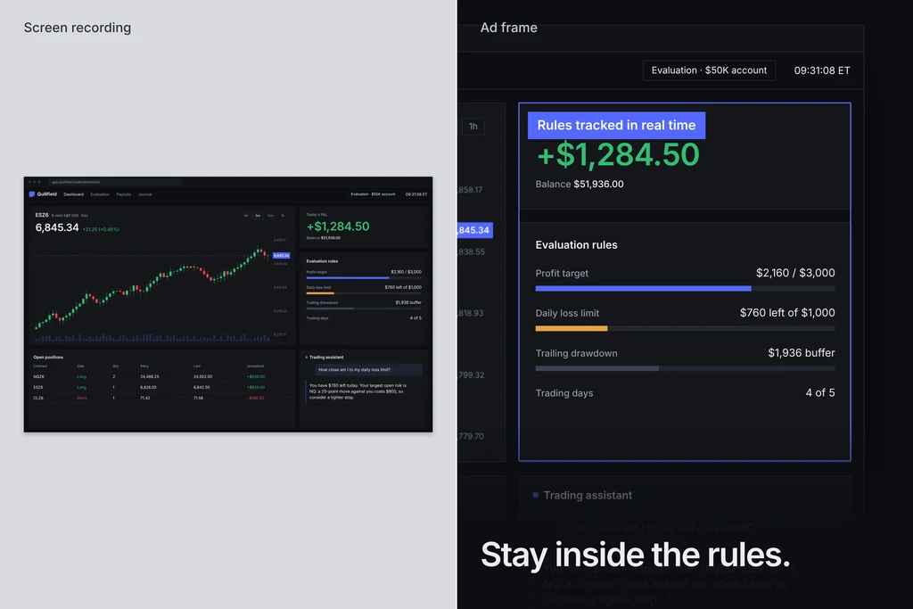 A raw screen recording of a trading dashboard next to the same screen rebuilt as an ad frame, with the evaluation rules highlighted