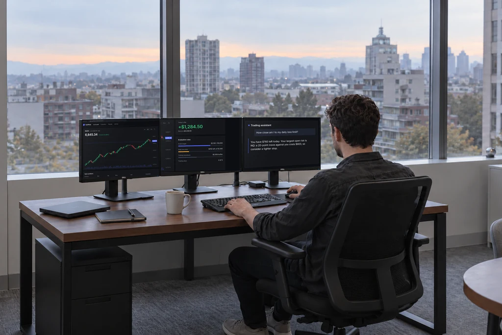 AI shot of a trader seen from behind at three monitors by a panoramic window, with a futures chart, challenge rules and an AI trading assistant on the screens
