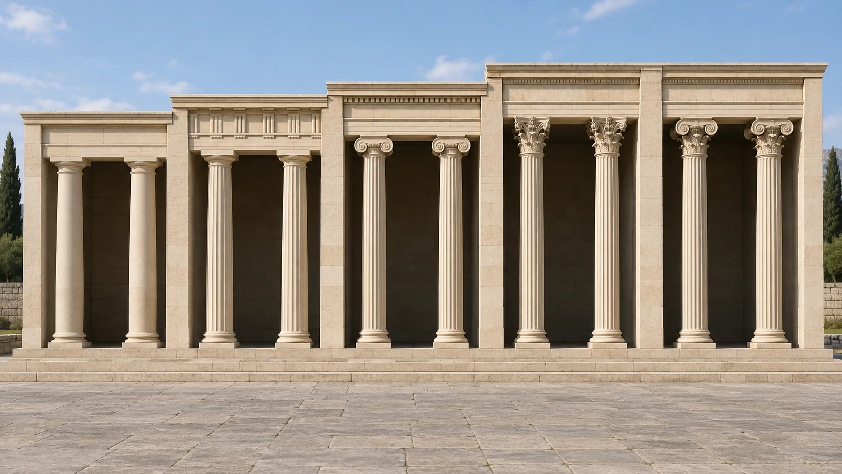 Stone facade comparing the five classical orders side by side: Tuscan, Doric, Ionic, Corinthian and Composite