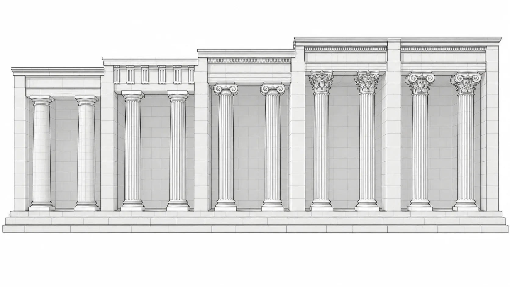 Line drawing of the same five-order facade showing columns, capitals and entablatures