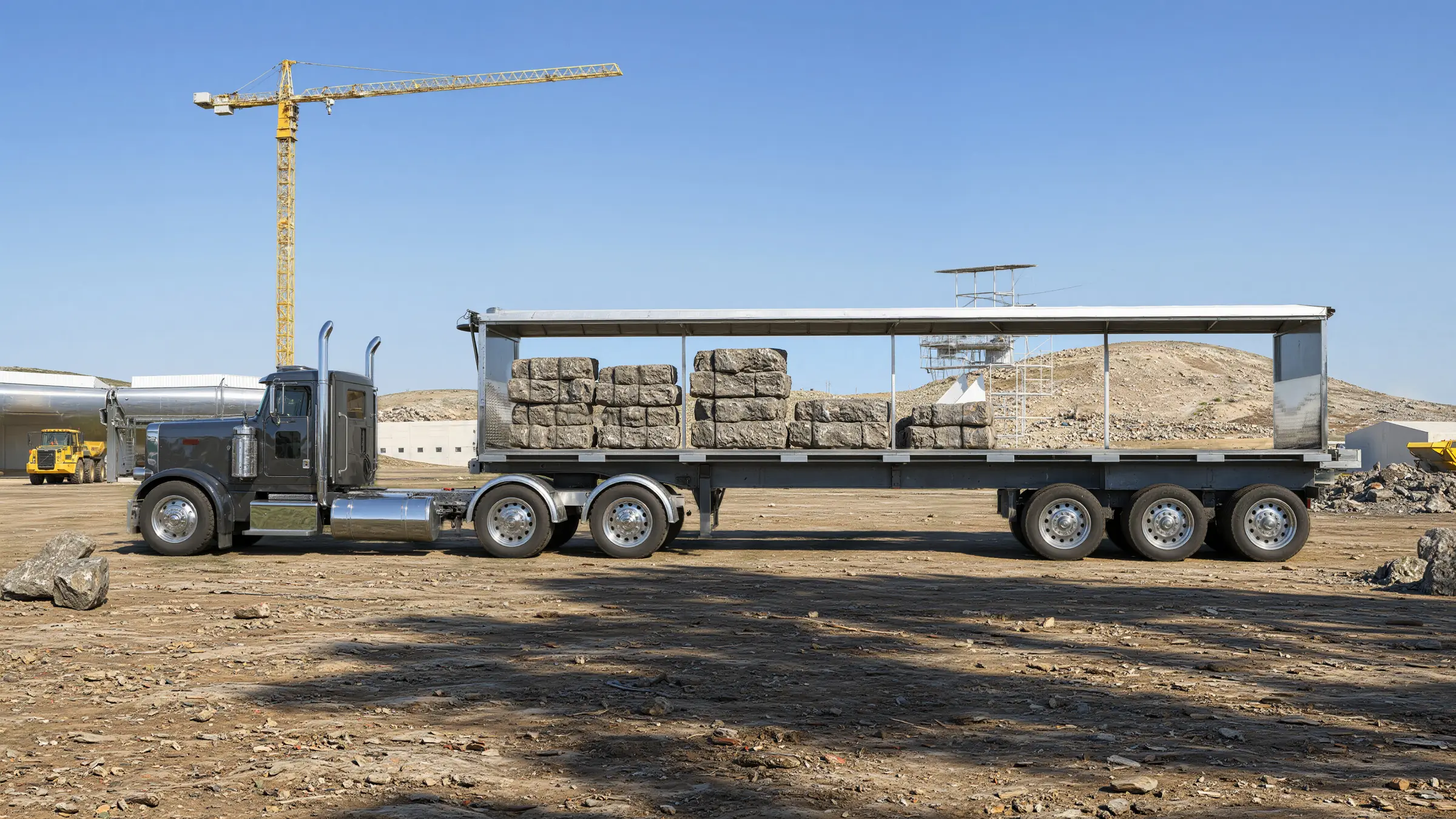 Render of a flatbed with an open tarp system loaded with stone blocks on a building site with a tower crane