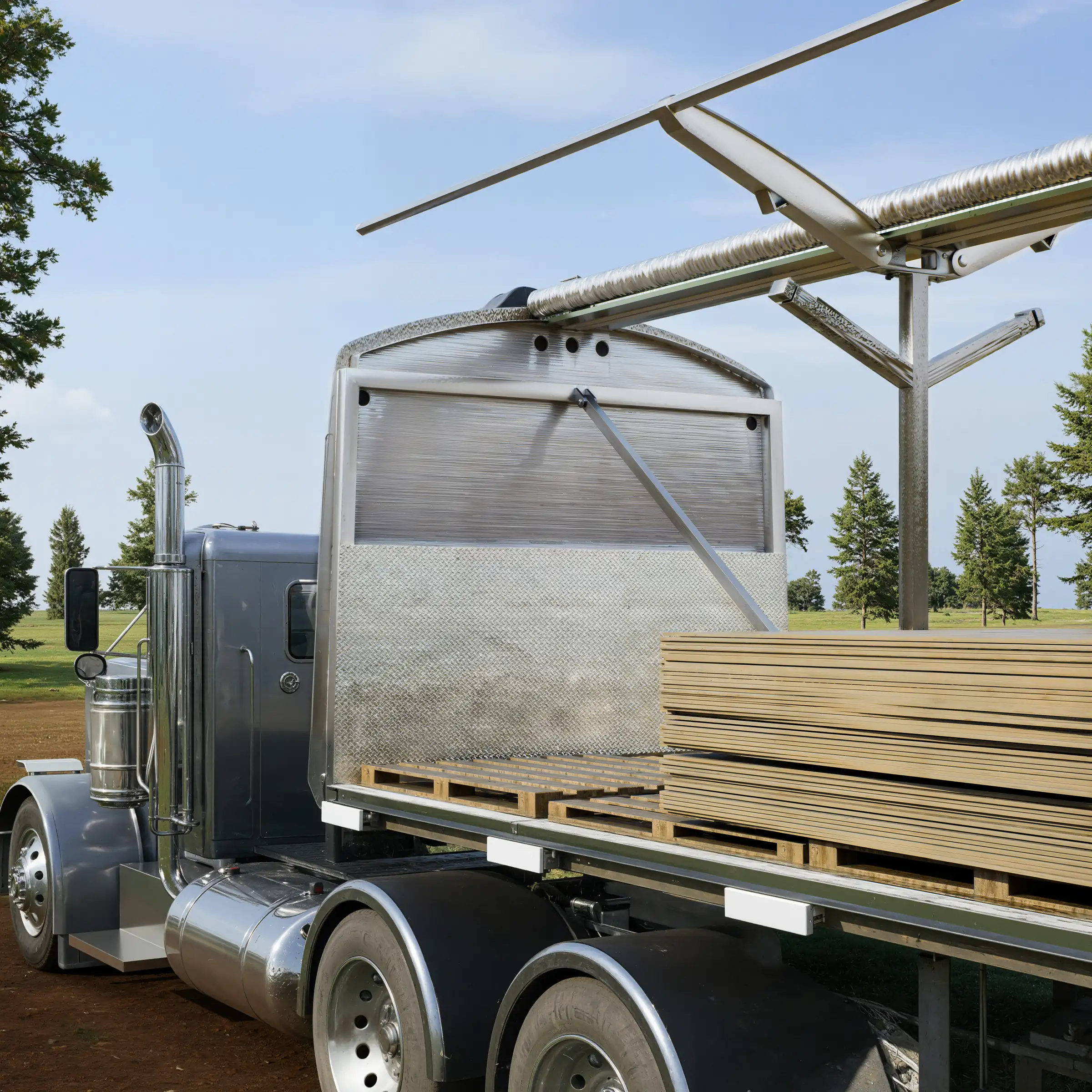 Close render of a tarp system front bulkhead with the folded tarp and rolling frame arms above lumber on a flatbed