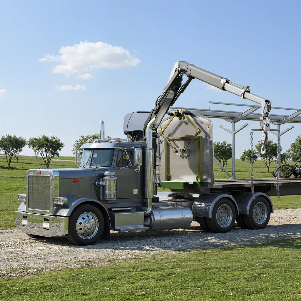 Render of a flatbed truck with a knuckle boom crane and a rolling tarp frame