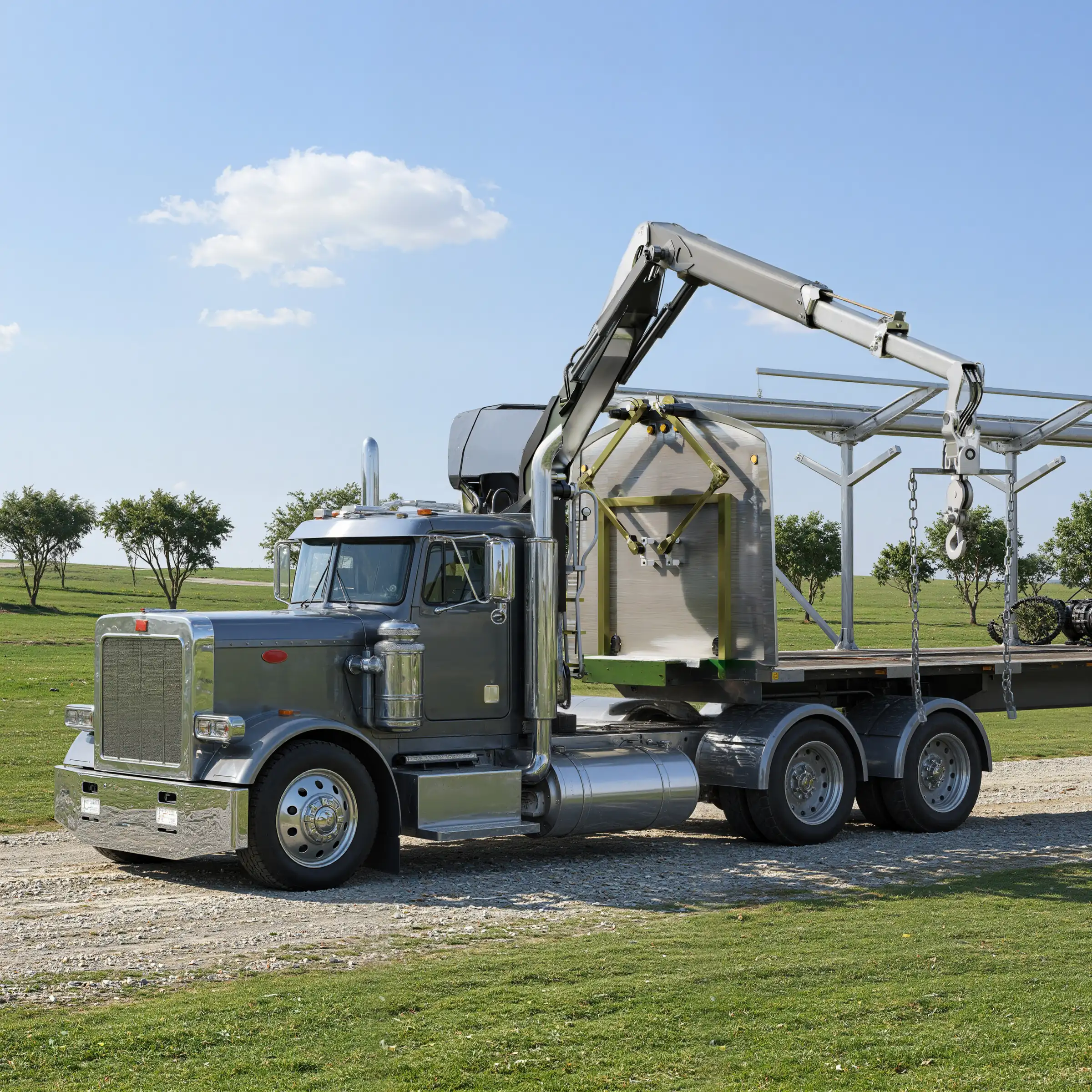 Render of a truck with a knuckle-boom crane beside the front bulkhead and rolling frame of a tarp system