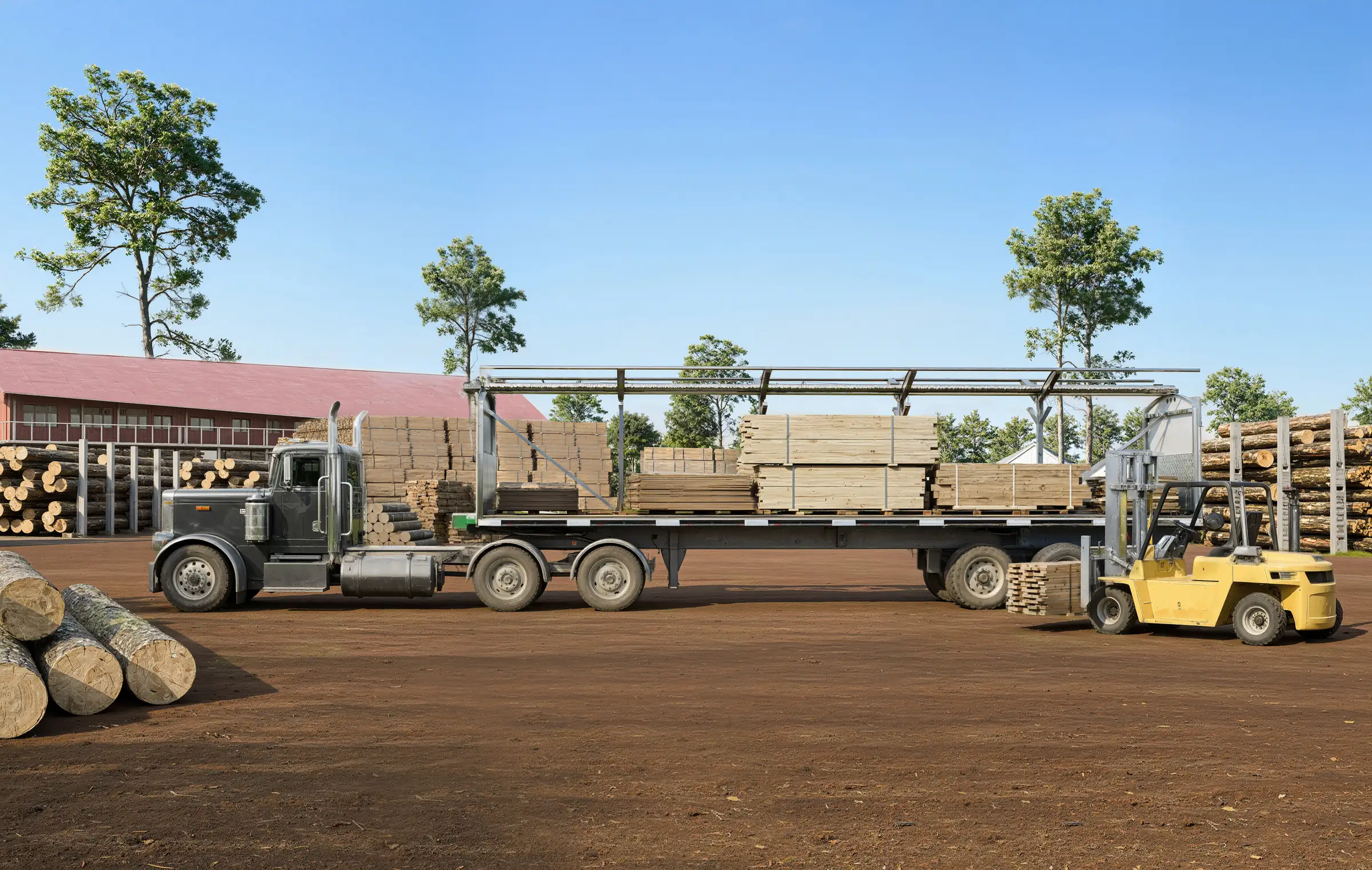 Render of a flatbed with an open tarp system loaded with lumber next to a log yard, with a forklift at the rear