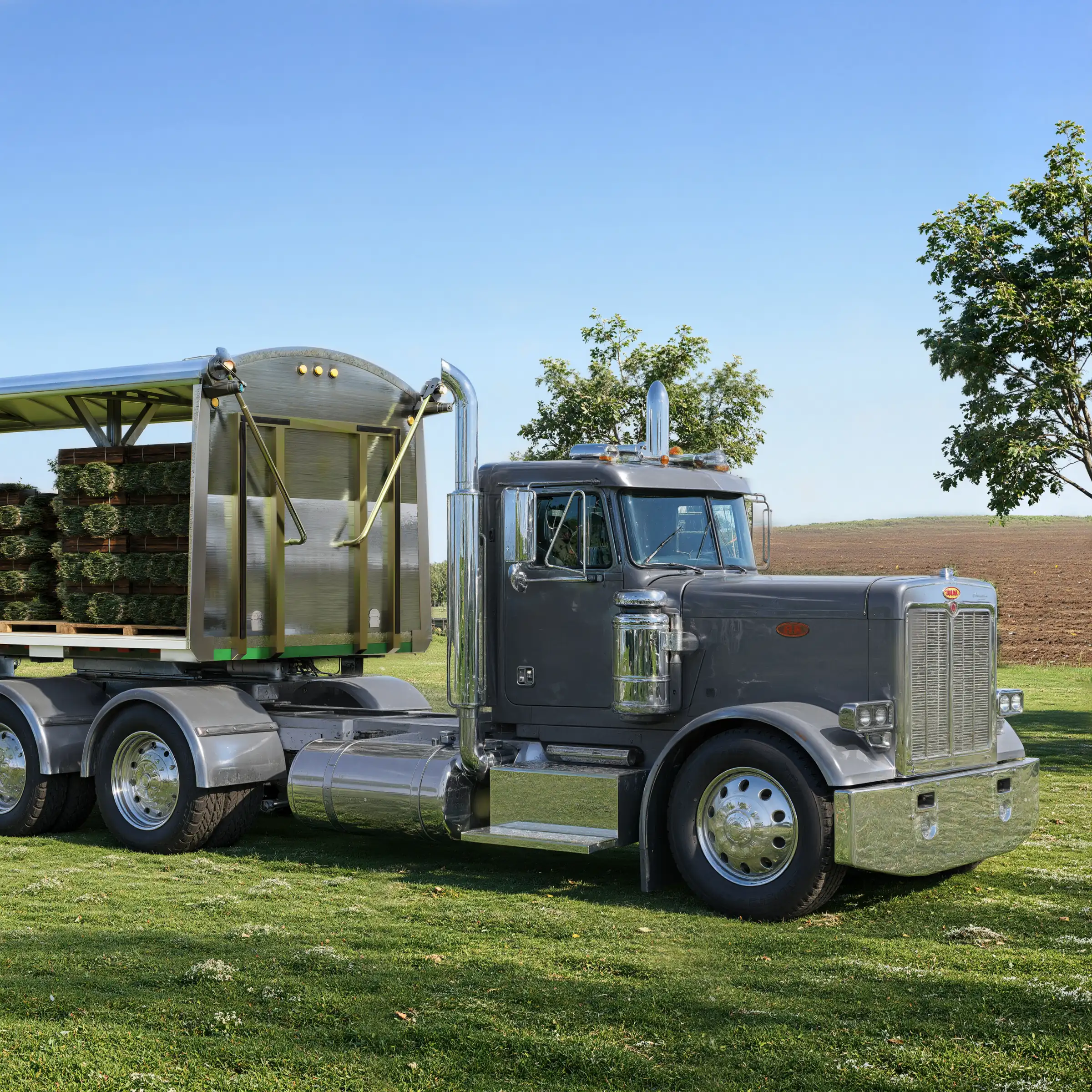 Render of a long-nose truck front with sod pallets on a flatbed behind the front bulkhead of a tarp system