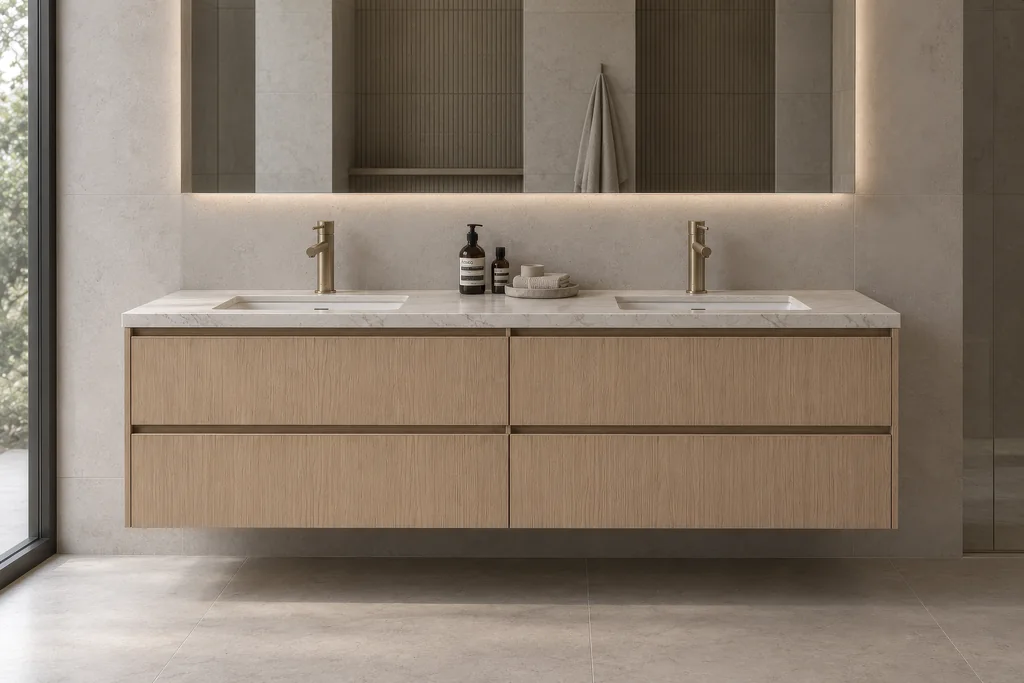 Render of a floating oak double vanity with a stone top, two brass faucets and a backlit mirror