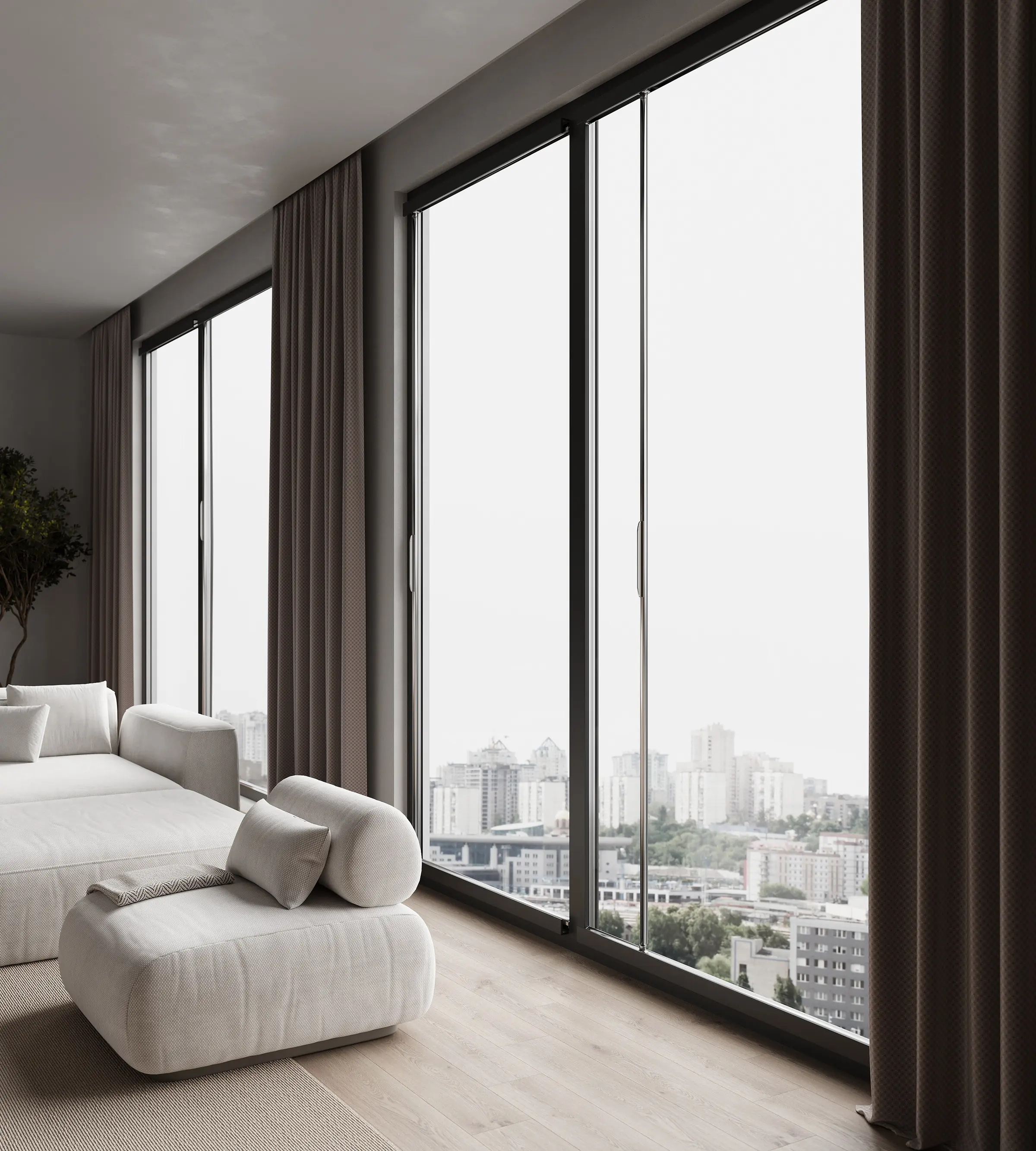 Render of a floor-to-ceiling window with the wiper bar, a white sofa and a lounge chair in a high-rise living room