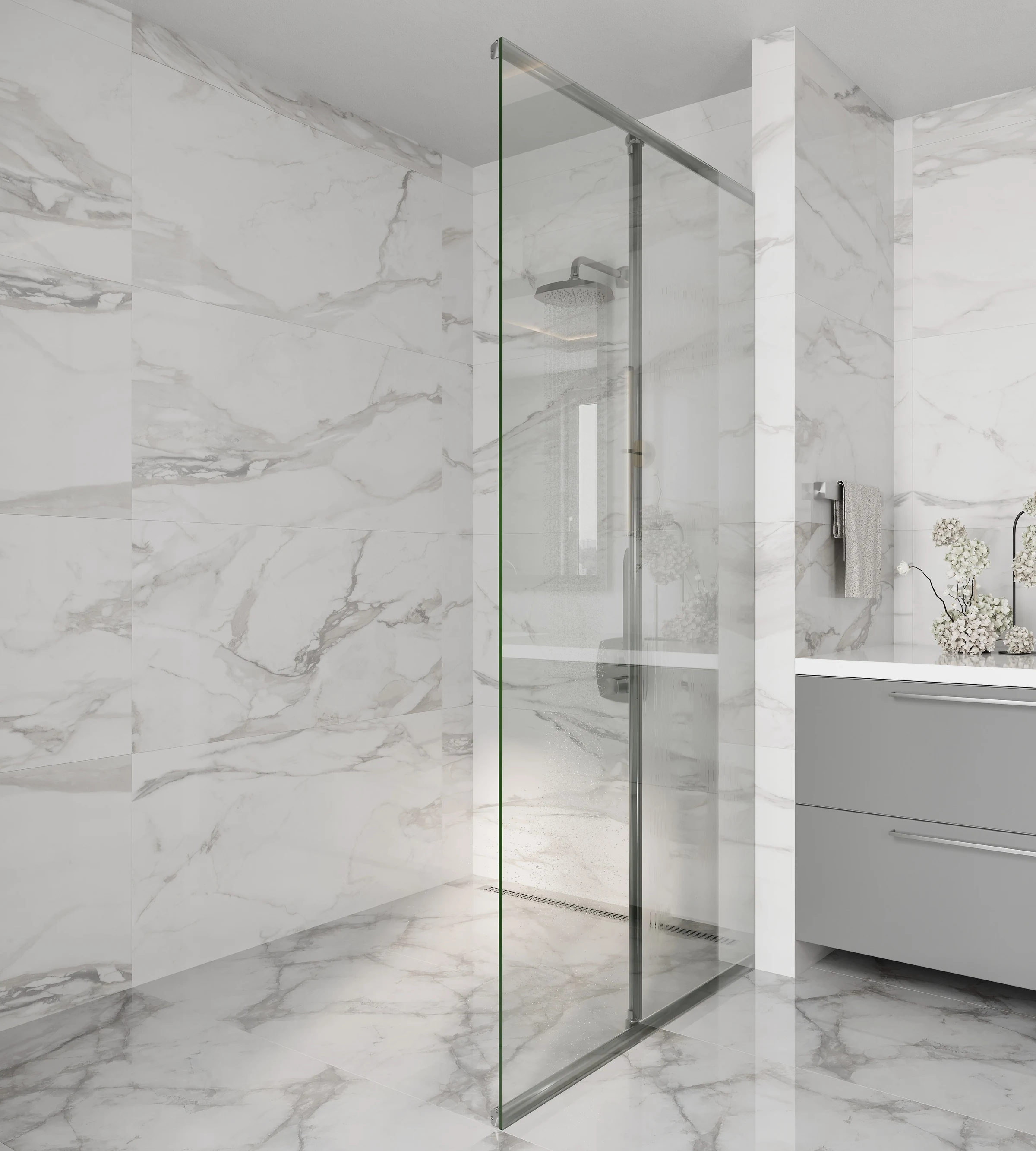 Render of the same frameless shower door with the wiper bar halfway across the glass in a white marble bathroom