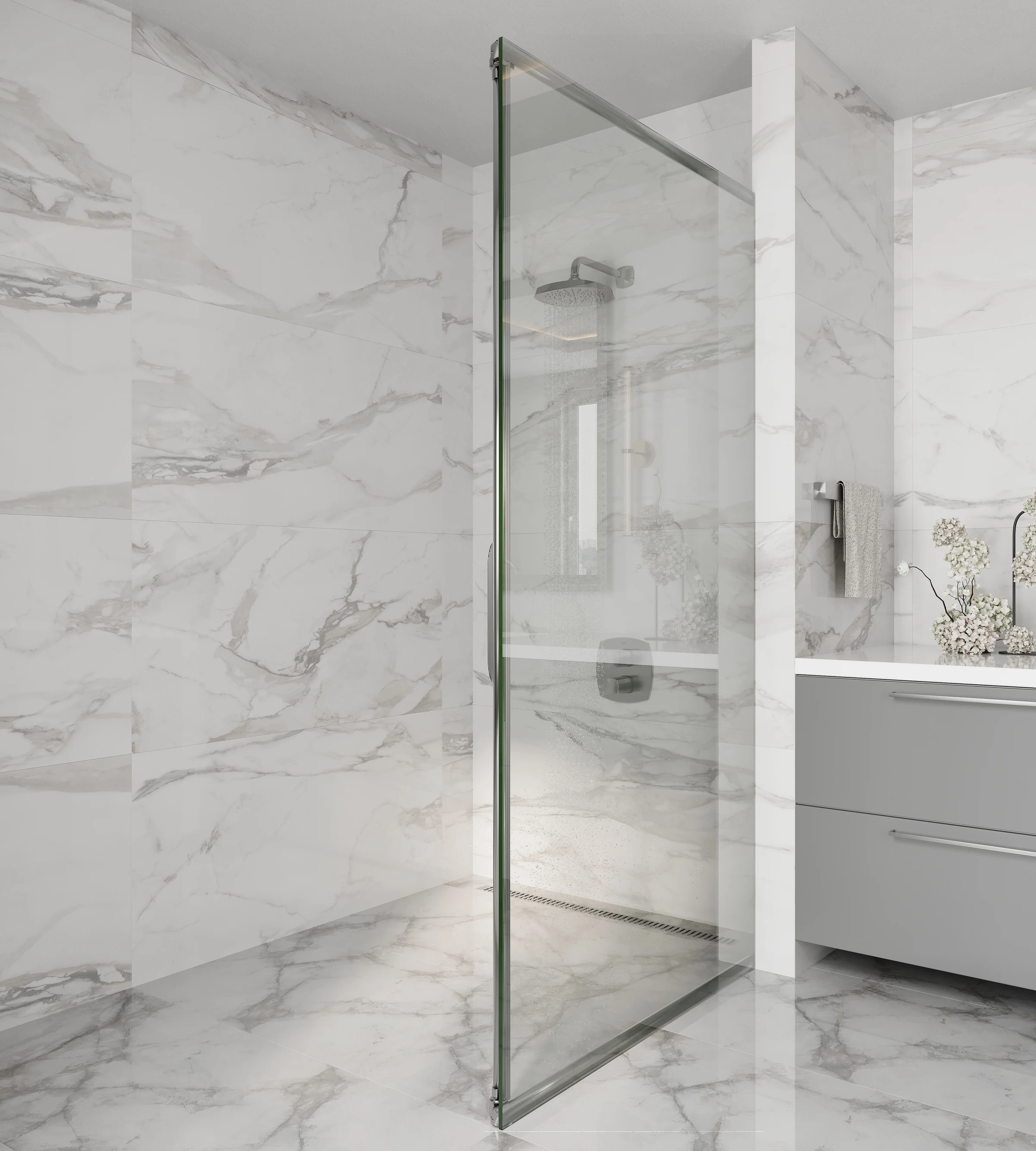 Render of a frameless glass shower door in a marble bathroom with the wiper bar parked at the hinge side and the vanity behind it