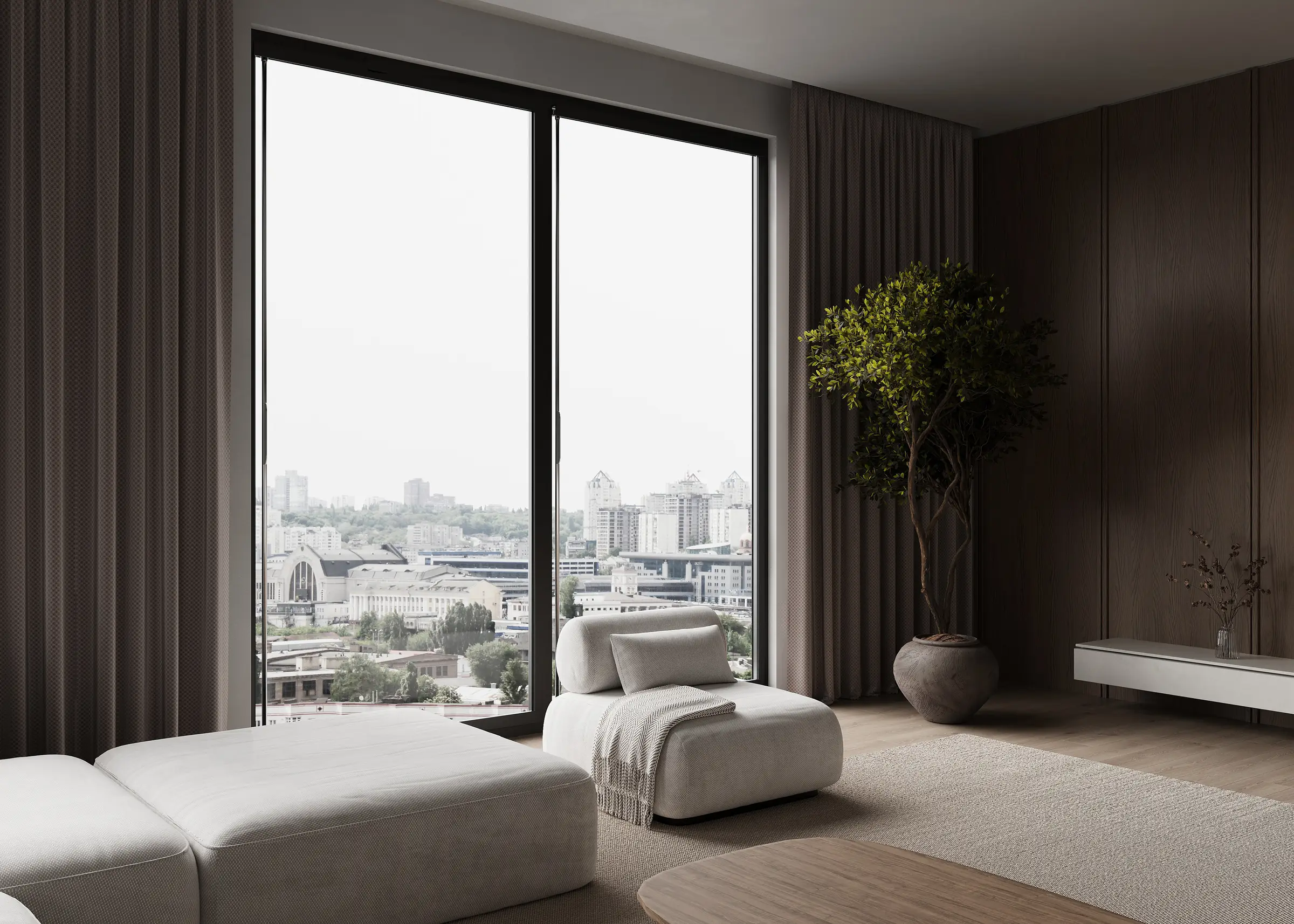 Render of a high-rise living room with floor-to-ceiling windows over the city, a white sofa, a lounge chair, a tree in a clay pot and long curtains