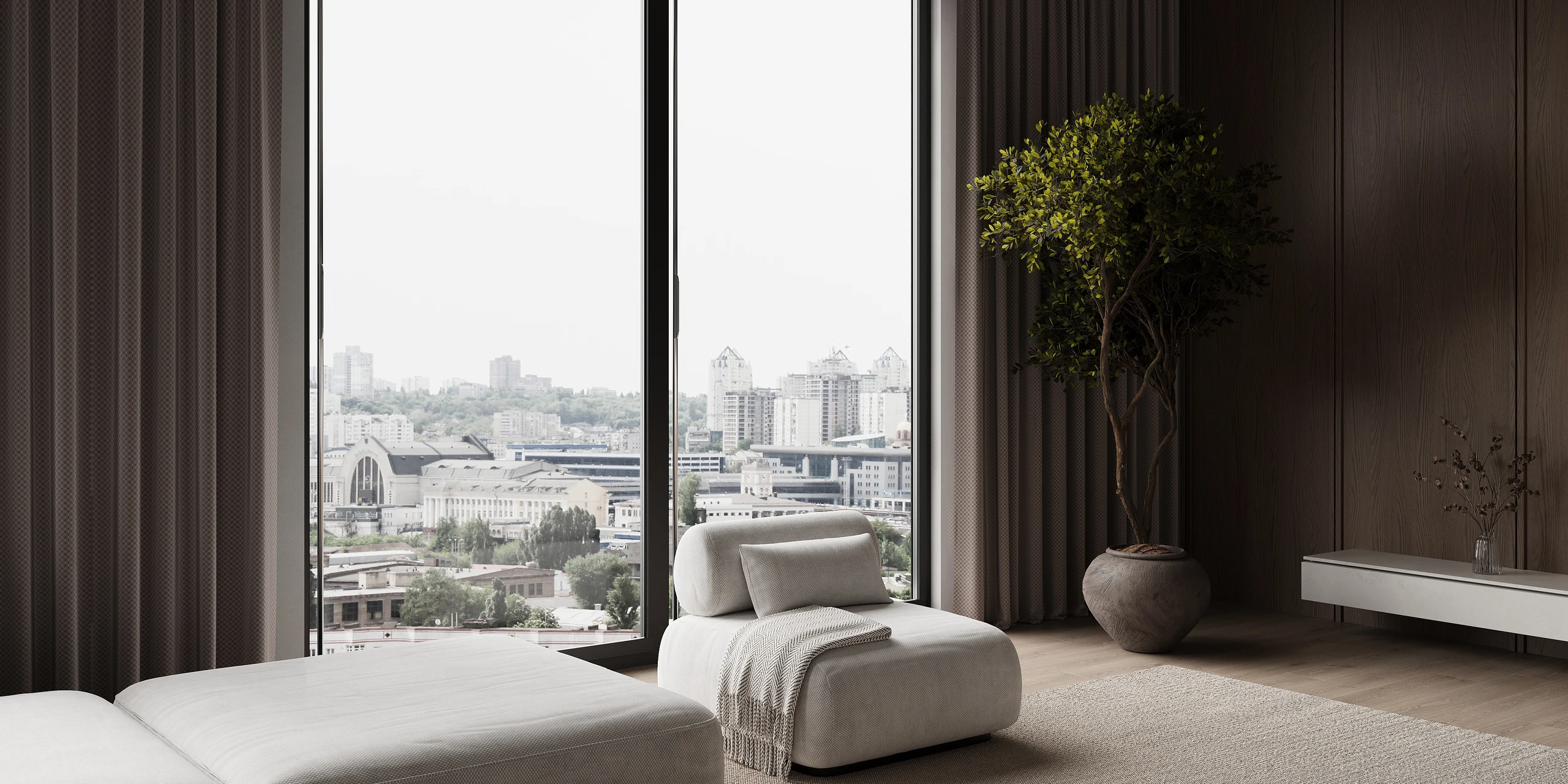 Render of a high-rise living room with a floor-to-ceiling window over the city, a lounge chair, a sofa and a tree in a clay pot