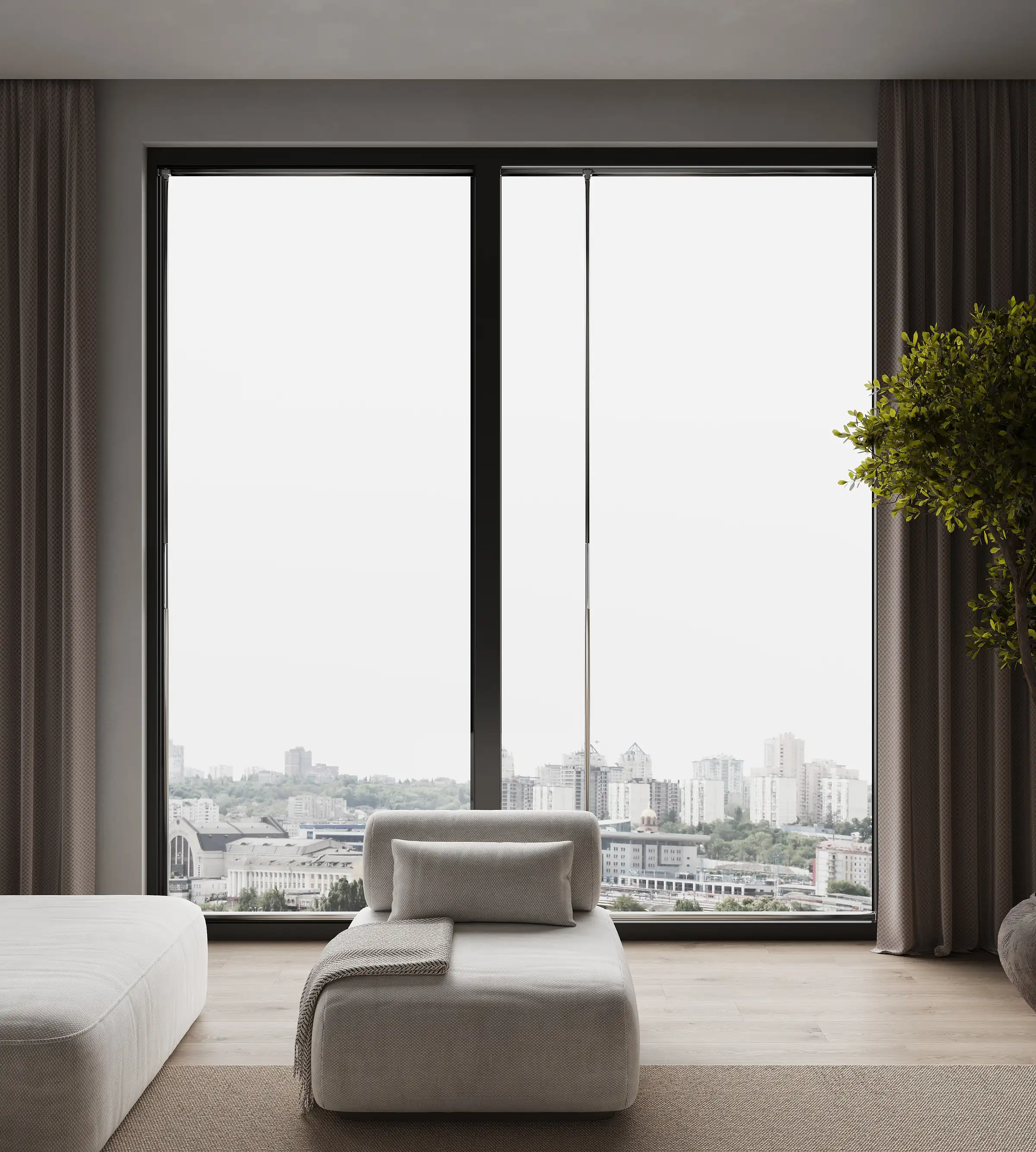 Render of a high-rise living room with a hazy window that blurs the city view, a lounge chair and a tree in front of it