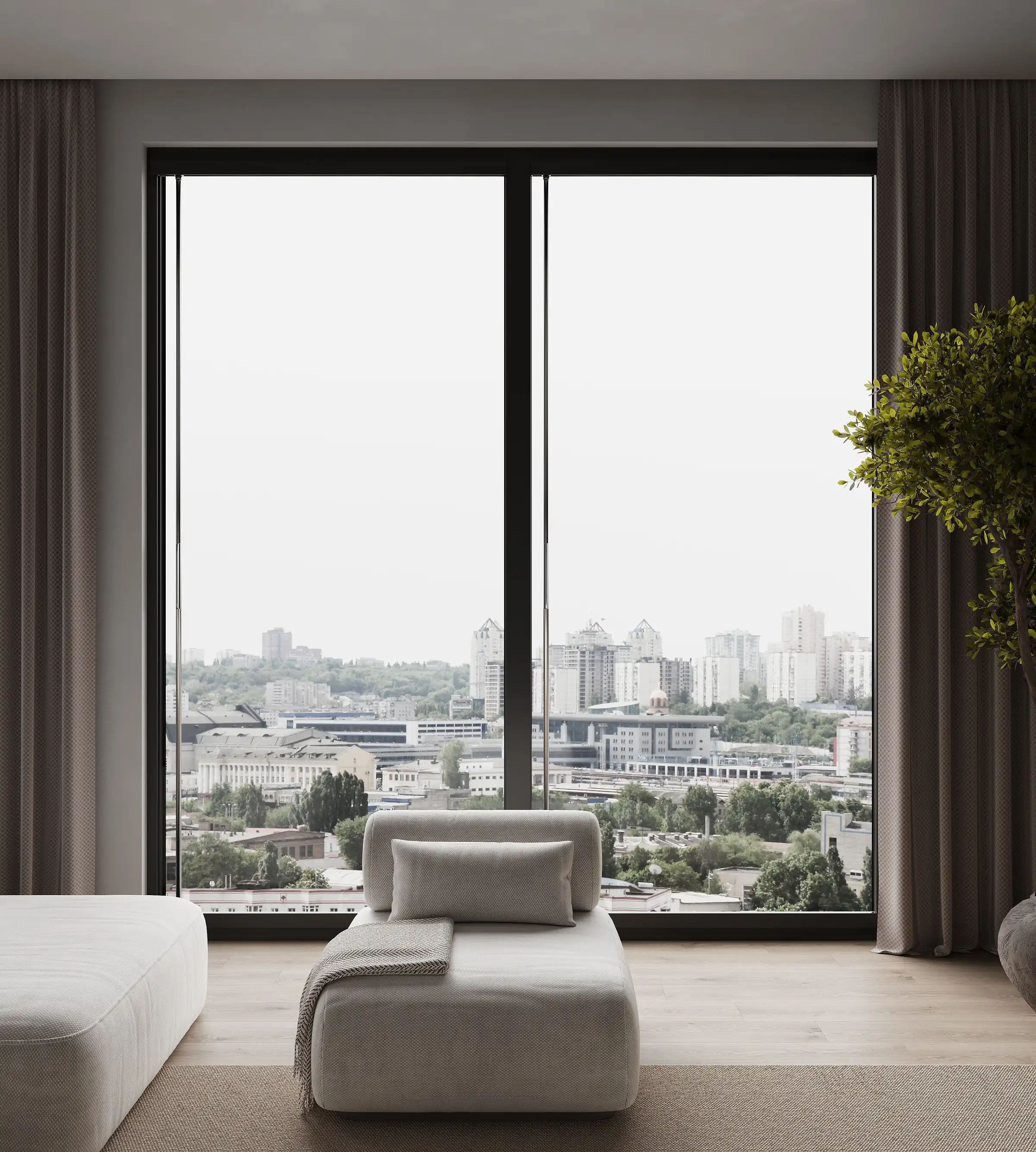 Render of the same high-rise window cleared by the wiper, with a sharp view of the city behind a lounge chair