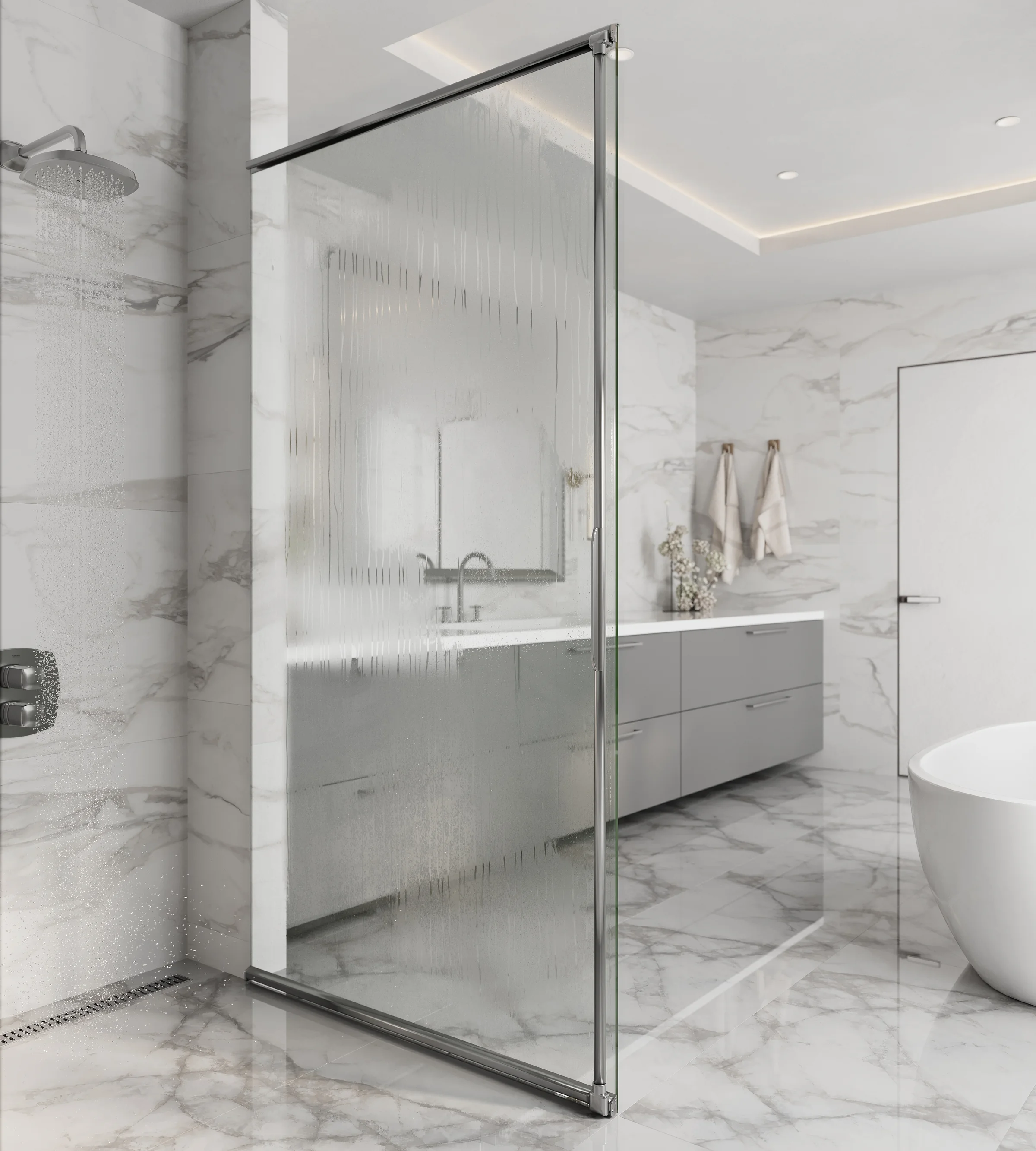 Render of a frameless shower door covered in water streaks in a marble hotel bathroom, with the vanity and mirror blurred behind it