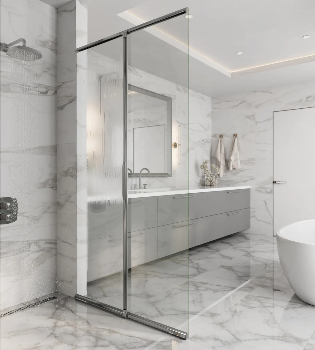 Render of a frameless shower door in a white marble hotel bathroom with an automatic wiper halfway across the clear glass