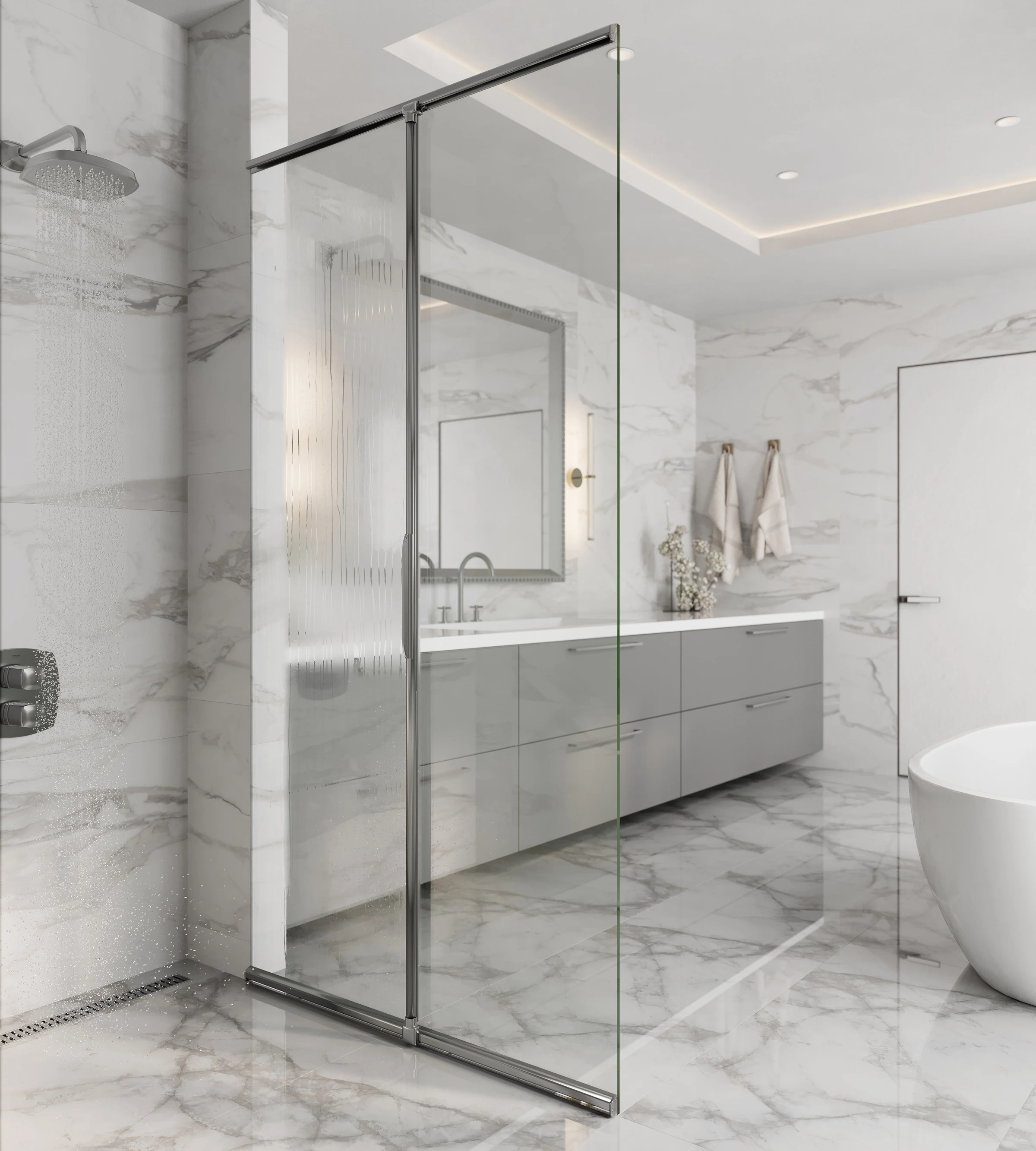 Render of the same hotel shower door with the wiper bar in the middle and clear glass, the vanity, mirror and tub sharp behind it