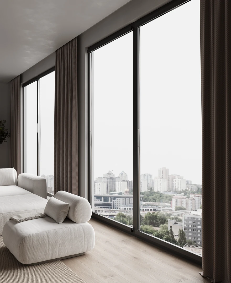 Render of a high-rise living room with a floor-to-ceiling window, the wiper bar on the glass and white lounge furniture