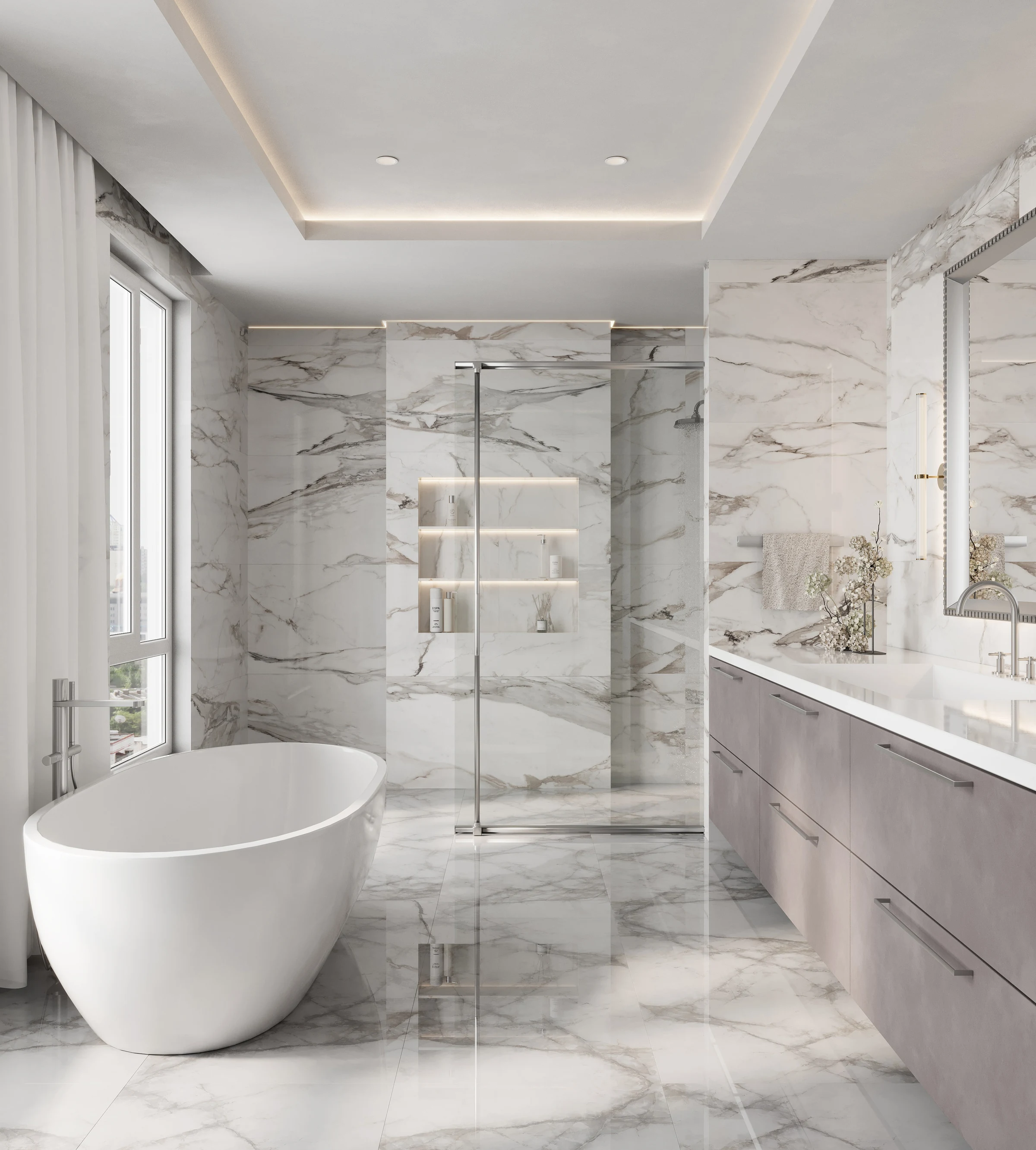 Render of a luxury marble hotel bathroom with a freestanding tub, a long vanity and a walk-in shower with a glass door