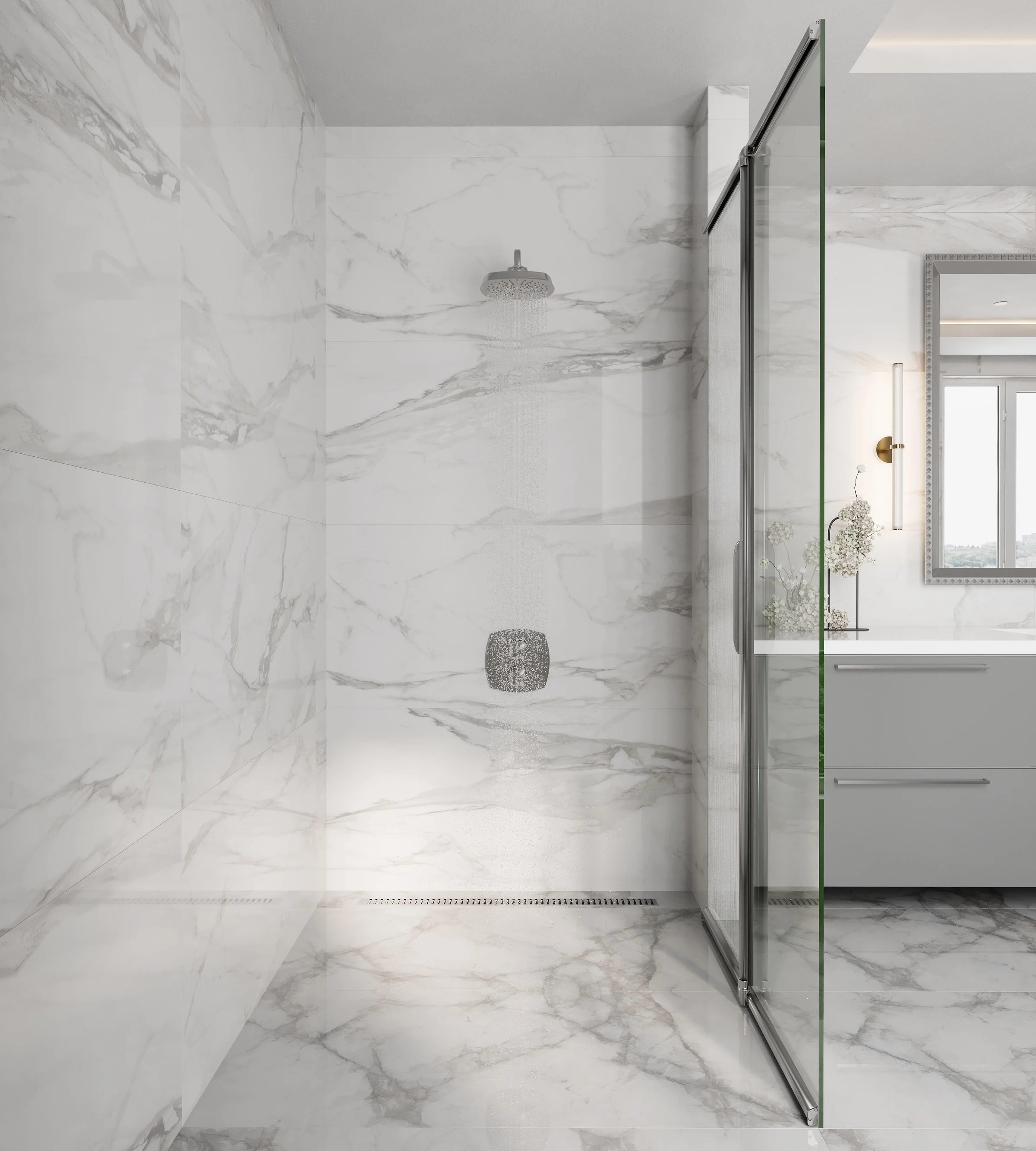 Render of a marble walk-in shower with a rain shower head and a glass panel with the wiper bar at its edge