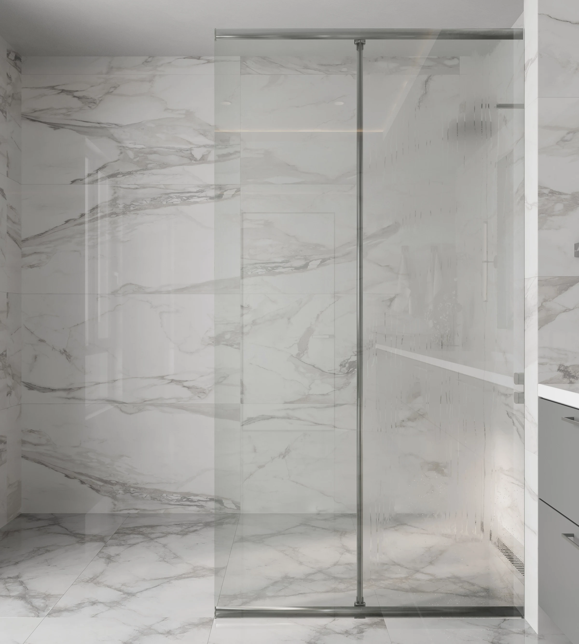 Close render of a frameless shower glass panel with the wiper bar on marble walls and floor