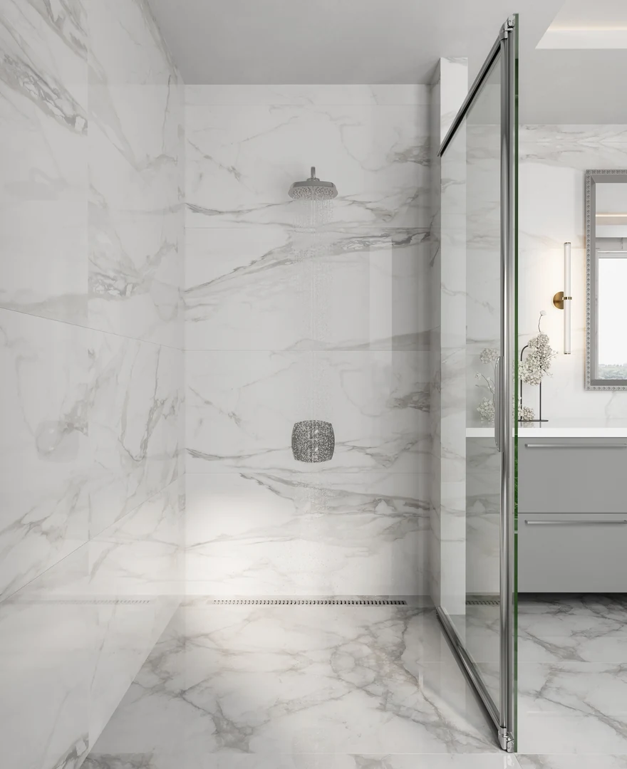 Render of a marble walk-in shower with a rain shower head and a frameless glass door with the wiper bar at its edge