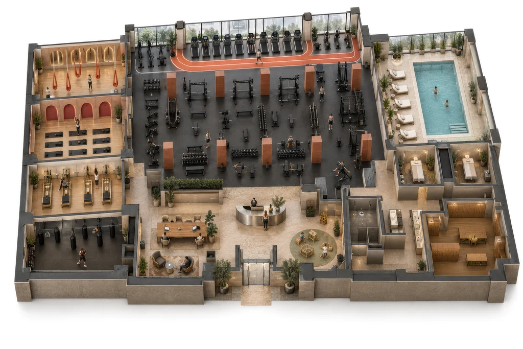 3D floor plan of a fitness club from above: strength floor with terracotta columns, treadmills along the windows, studios for aerial yoga, yoga, pilates and boxing, reception, lounge, kids corner, spa, pool and locker rooms