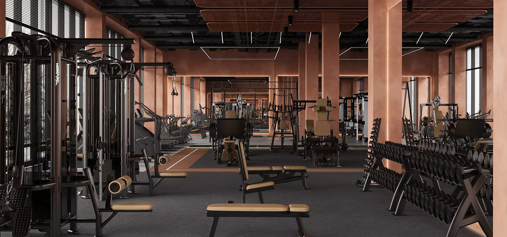 Render of a commercial gym strength floor with racks, benches and dumbbells between terracotta columns under a black ceiling
