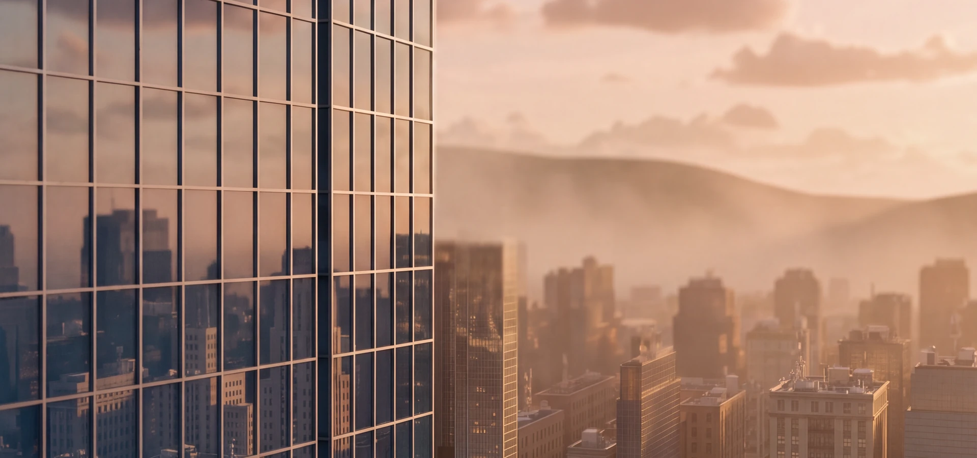 Render of a glass tower facade reflecting the sunset above a hazy city