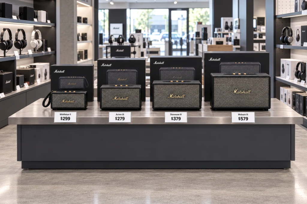 Render of a range of home speakers in their boxes and on display on a counter in an electronics store
