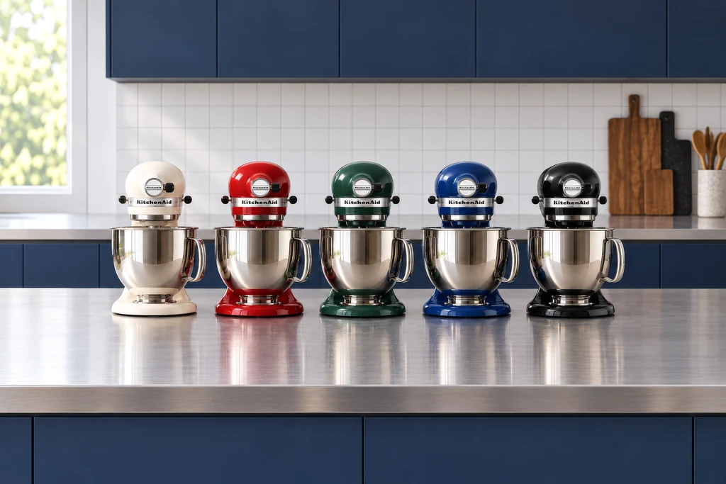 Render of one stand mixer model in five colours lined up on a stainless steel kitchen counter