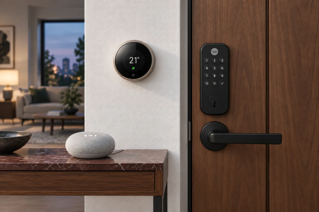 Render of a smart thermostat, a keypad smart lock on a walnut door and a smart speaker on a console in a home entryway