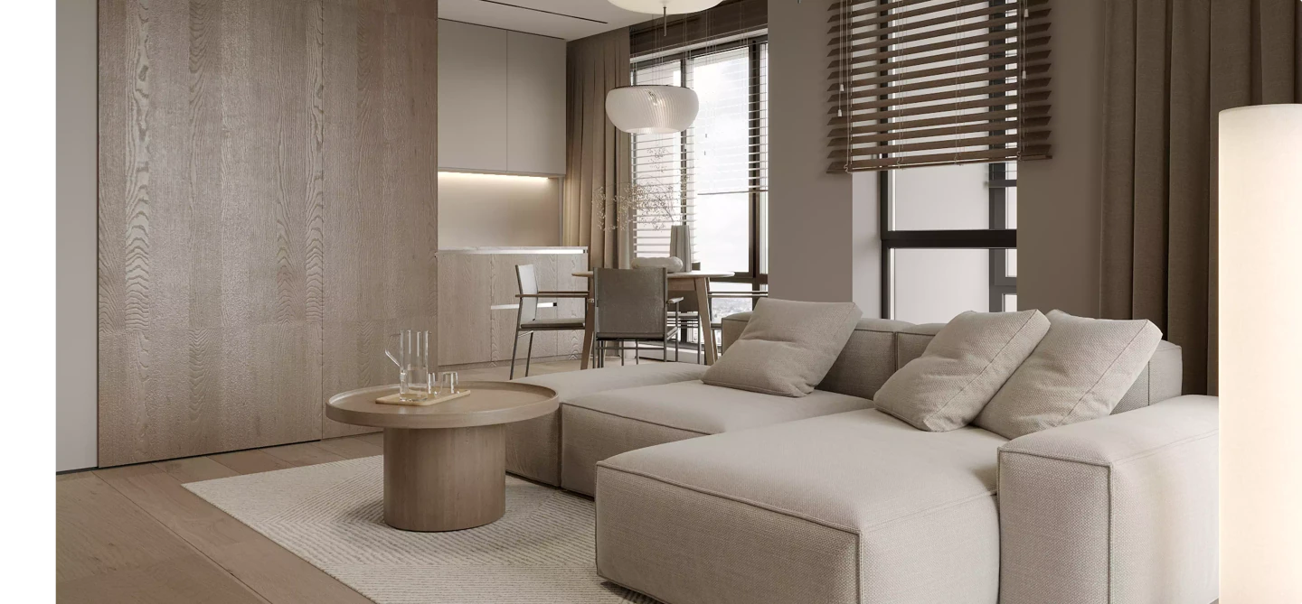 Minimalist living room in 3D interior renderings, with soft beige palette and modern furniture