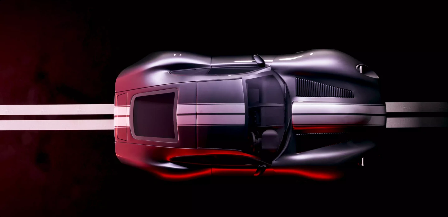 Automotive CGI rendering service top view of a dark sports car with white stripes and red glow