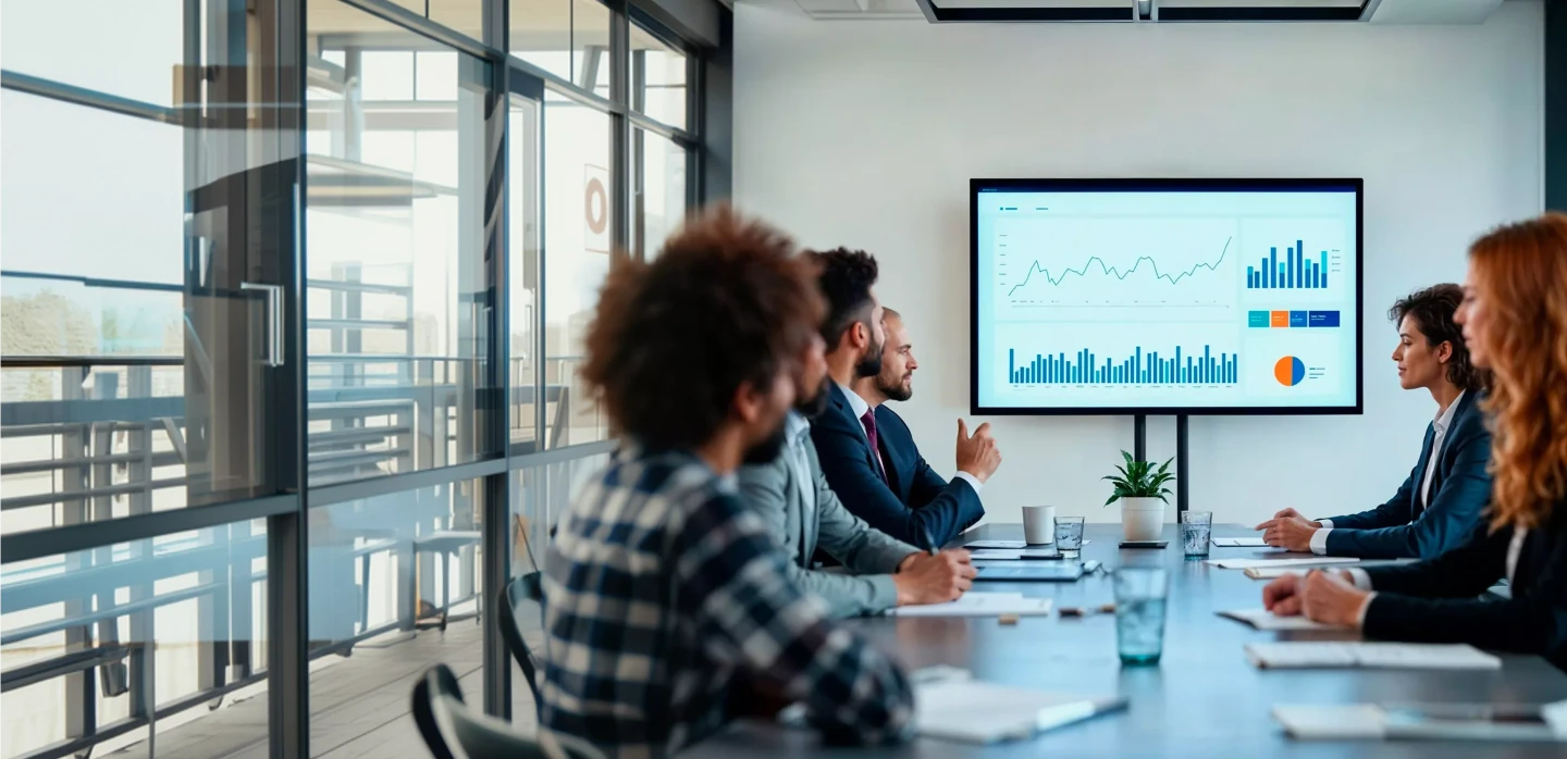 Boardroom meeting: people at a long table watching a wall screen with line and bar charts