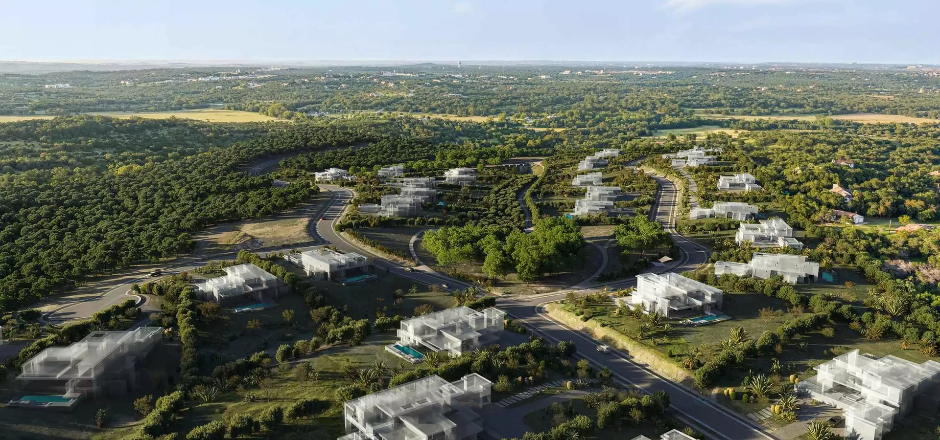 Luftbild-Rendering einer neuen Villensiedlung auf bewaldeten Hügeln mit weißen Häusern, Pools und geschwungenen Straßen im Abendlicht
