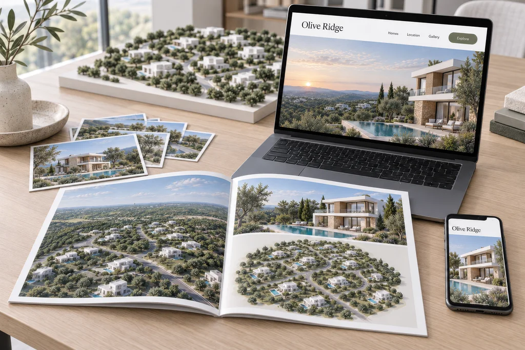 Mock-up mit Exposé, Website und Social-Media-Post mit Renderings einer neuen Villensiedlung für die Vorvermarktung