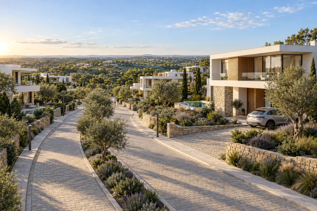 Rendering auf Augenhöhe einer Straße in einer neuen Villensiedlung mit Olivenbäumen, Natursteinmauern und modernen weißen Villen bei Sonnenuntergang