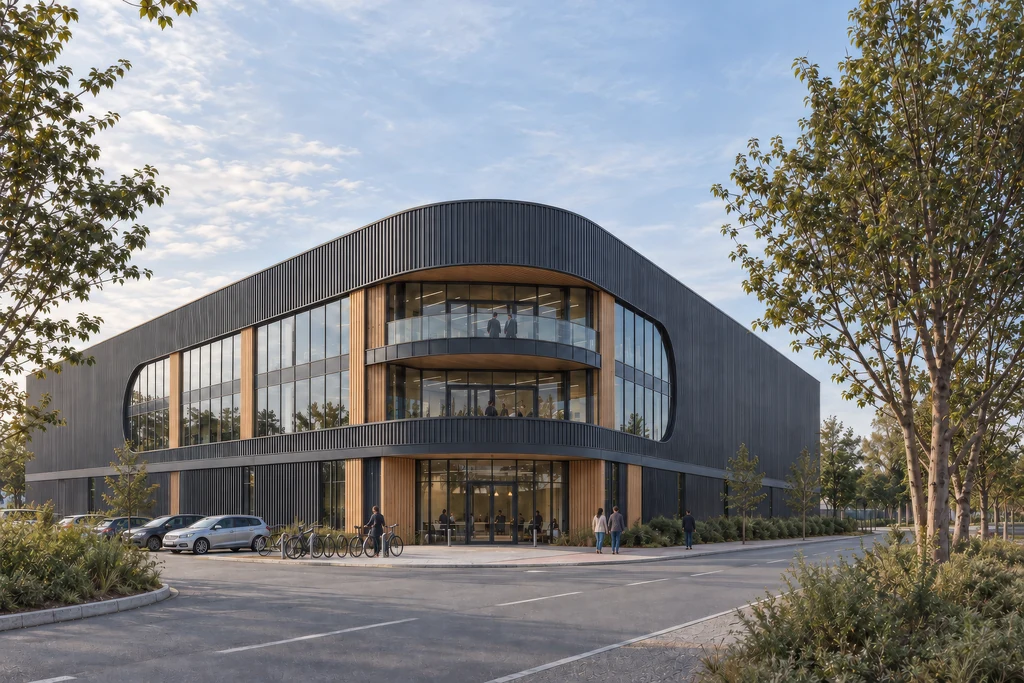 Rendering einer Fassadenvariante für ein Logistikgebäude mit anthrazitfarbener Fassadenverkleidung, Holzakzenten und geschwungener Glasfront am Bürokopf