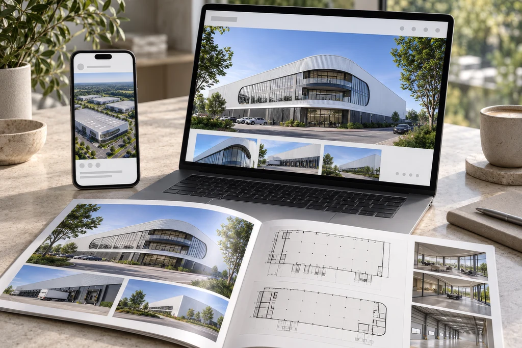 Mockup für die Vermarktung einer Lagerhalle: Social-Media-Post auf einem Smartphone, Immobilien-Website auf einem Laptop und gedrucktes Vermietungsexposé mit Grundrissen