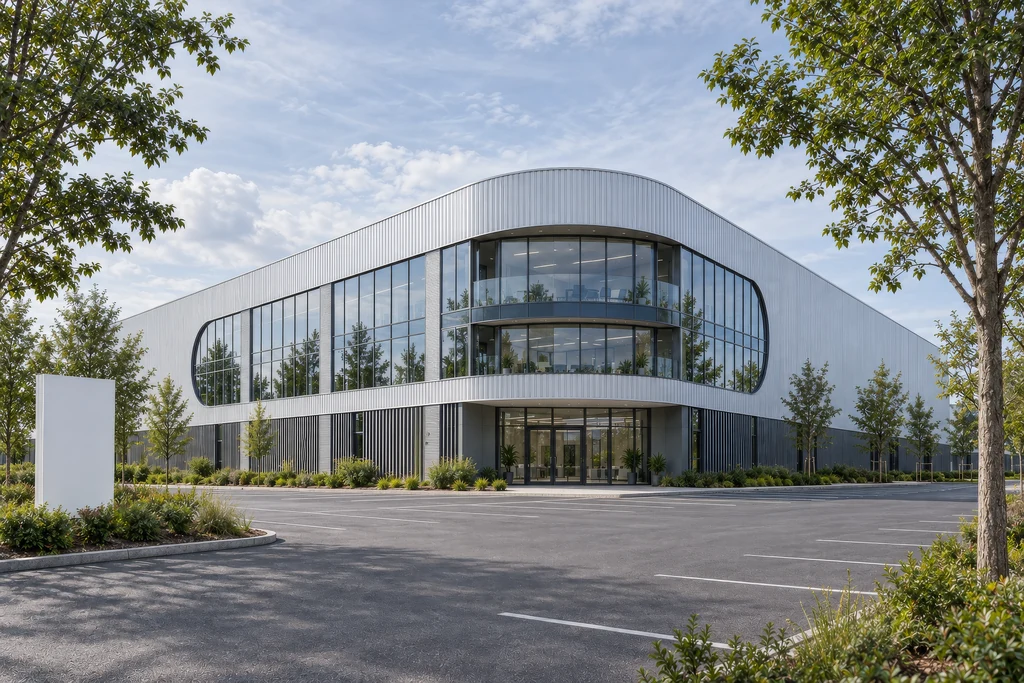 Rendering einer neuen, spekulativ errichteten Lagerhalle, bereit zur Vermietung, mit leerem Parkplatz, Vermietungsschild und verglaster Büroecke