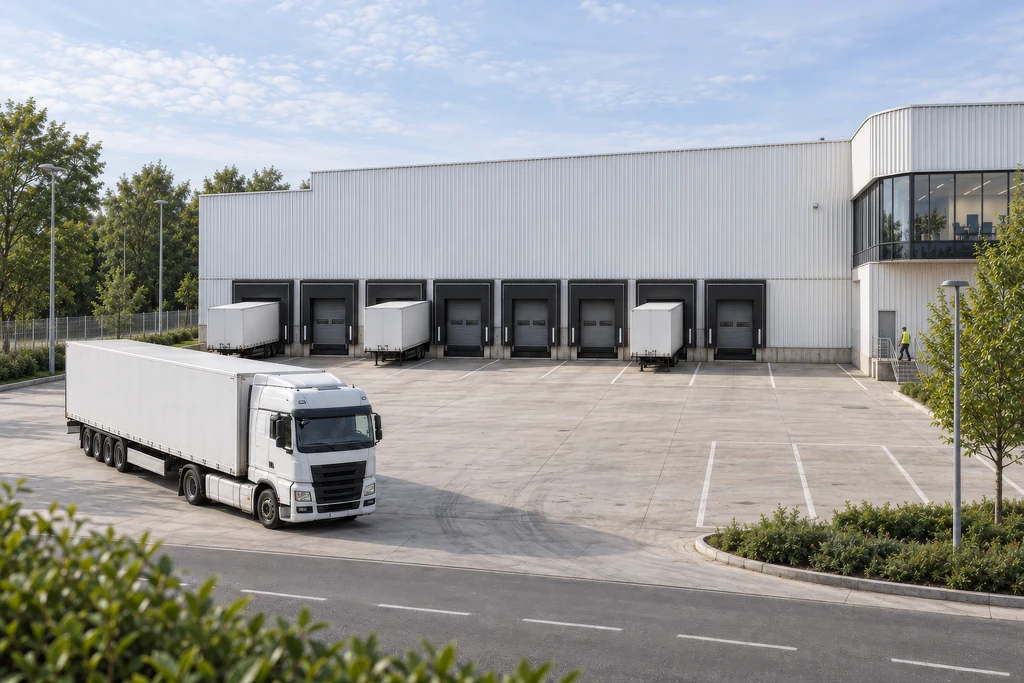 Rendering eines LKW-Hofs vor einer Lagerhalle mit Andocktoren, abgestellten Aufliegern und einem weißen LKW beim Wenden