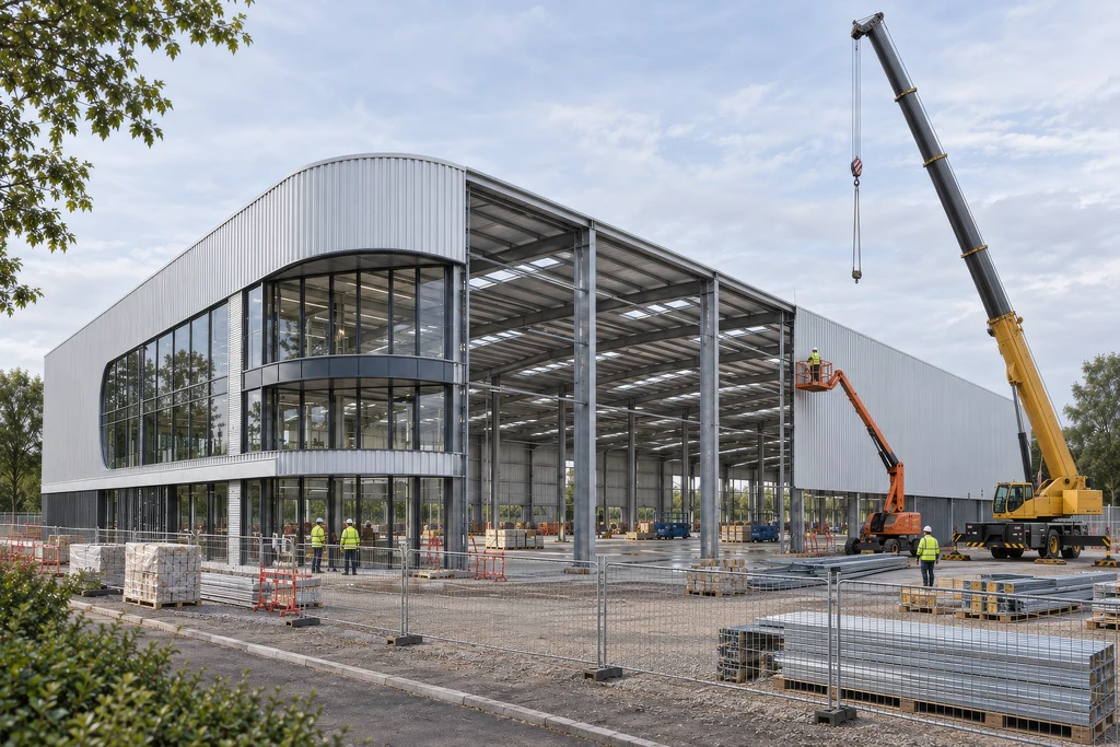 Rendering einer Lagerhalle im Bau mit Stahltragwerk, teilweiser Metallverkleidung, einem Mobilkran und einer Arbeitsbühne