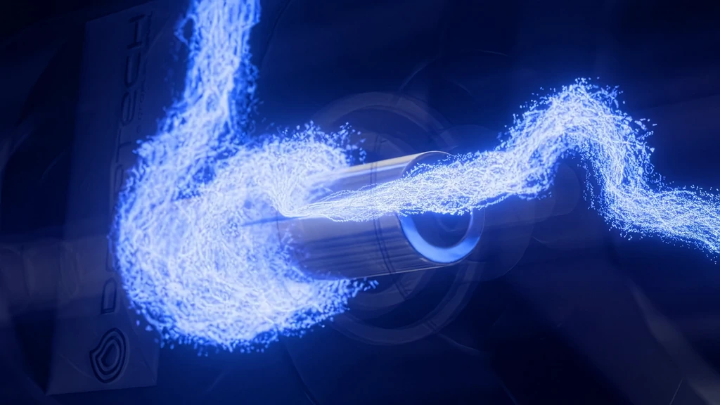 3D animation still of a blue flow path running through a transparent industrial valve